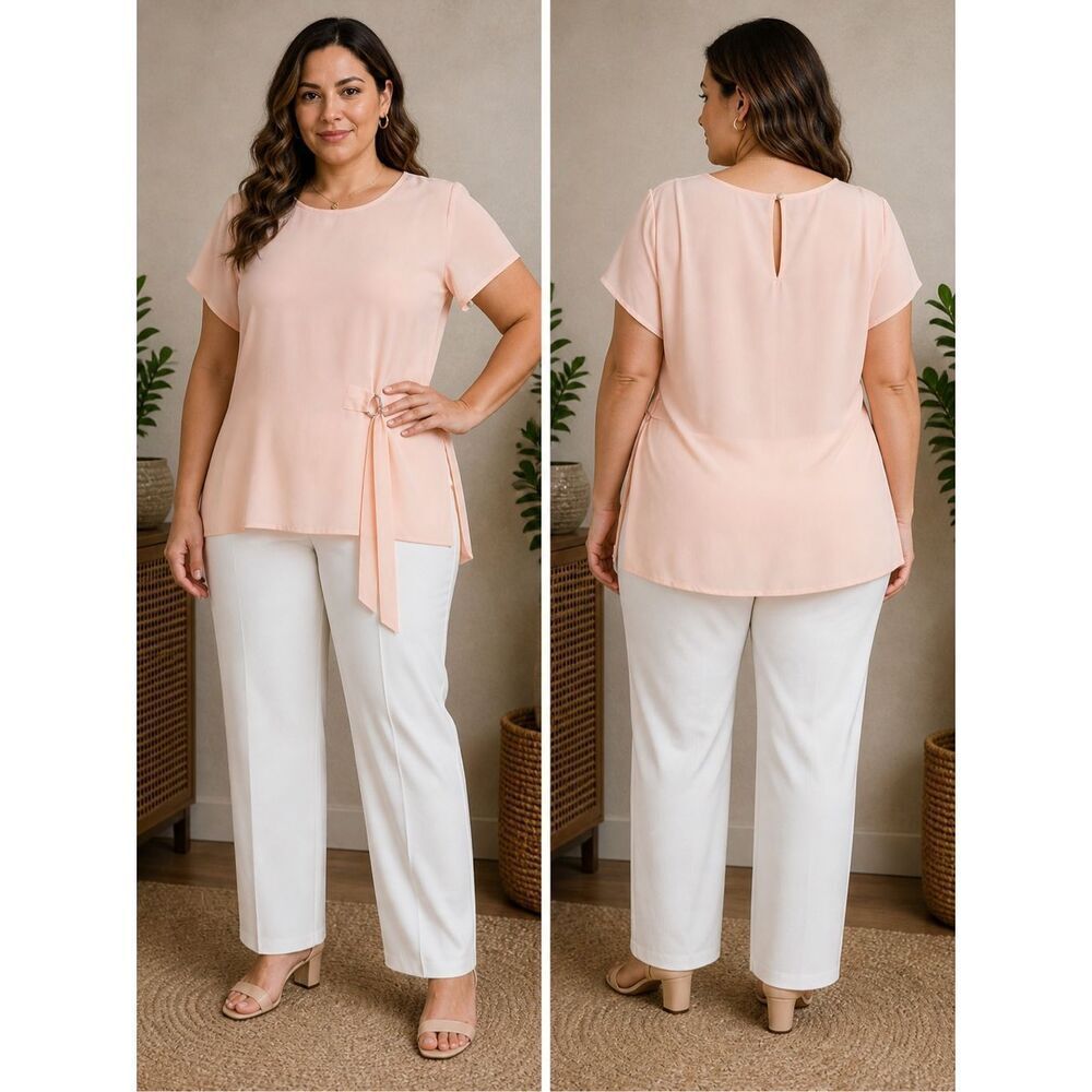 NWT Madeleine Pure Silk Blouse Peach Belted Short Sleeve EU 48 / US XL